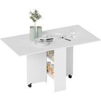Tavolo da Pranzo Pieghevole, Tavolo Cucina a Ribalta per 6 Persone, Scrivania Richiudibile Salvaspazio con 2 Ripiani Aperti e Ruote a Freno, per Soggiorno, Ufficio, 140x75x74cm, Bianco