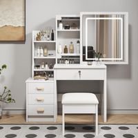 Schminktisch fürs Schlafzimmer, 80x34x130cm, mit Spiegel und Hocker, dreifarbiger LED-Beleuchtung, 4 versteckten Schubladen, moderner Schminktisch mit 3 Ablagen, Weiß