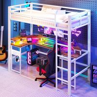 Hochbett 90 x 200 Cm Mit Schreibtisch, Einstellbarer LED, USB, Typ-C Und 2 Steckdosen, Ohne Matratze, Aus Metall, Weiß