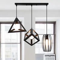 Pendelleuchte für Wohnzimmer, Vintage Kronleuchter im Geometrisch-form, Retro Industrielle Hängelampe mit Eisen Käfig, Schwarz - 3 Flammig Rechteckige Basis