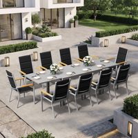 Ensemble Table Chaise Jardin 10 personnes,Table Jardin Chaise en Aluminium,10 Chaises Jardin Accoudoirs Imitation Bois et 1 Table Jardin Extensible,Imperméable, Antirouille,Tout Temps,Gris Clair