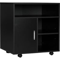 Porta Stampante a Rotelle con Armadietto e 3 Ripiani Aperti, Legno, Nero, 60x50x65,5 cm
