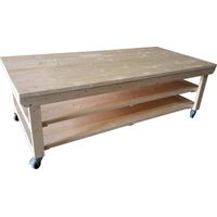 Rotem Wooden Kiln-Dry Workbench, 4ft(90cm) Depth, 6ft(180cm) length, With wheels and Double shelf