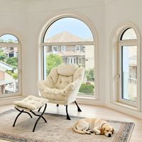 Sillón relax con bolsillo lateral y reposapiés, para salón y dormitorio, de tela, beige