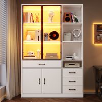 Vitrine avec LED, bibliothèque meuble de rangement, portes en verre, 4 tiroirs, style moderne scandinave, pour salon salle à manger, 120x35x200cm, blanc