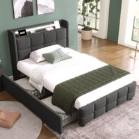 Cama individual con LED USB y 2 cajones gris OKMYHOME