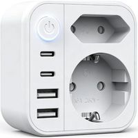 Multiprise USB, Multiprise Murale, Prise Multiple 6-en-1, Multiprise avec 2 Ports USB A & 2 USB C, Prise Murale avec Interrupteur, Double Prise pour Maison, Bureau, Voyage, Blanco