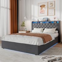 Lit coffre rembourré 140x190 -Lit adulte 140x190 - LED avec espace de rangement, prise électrique et tête de lit pliable, cadre de lit en velours, métal et bois, gris foncé