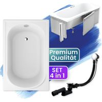 Badewanne Rechteck 100x65 mit Styroporverkleidung, Ablaufgarnitur & Füßen GRATIS - Komplettset 4in1 Original Acryl Wanne Siphon - BADLAND MINI