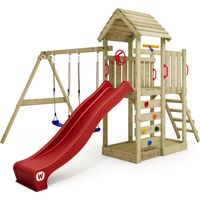 Wickey – Aire de jeu en bois avec toit et balançoire – Bois massif imprégné – Toboggan ondulé 220 cm – 10 ans de garantie