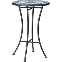 Table basse de jardin ronde en metal avec plateau en ceramique design mosaique 35,5x53,5cm bleu