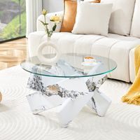 Multi-Farbe optional MDF + Glas runder Couchtisch: weiße Imitation Marmor gemusterte Stützbeine, einfach und stilvoll.79cm Durchmesser, 0,8cm dicke gehärtete Glasoberfläche.
