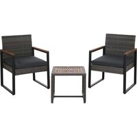 Ensemble en polyrotin HHG-733, salon de jardin 2x chaises et table, bois d'acacia, tissu 180 g/m², gris, coussins gris