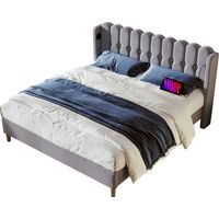 Cama tapizada de lino gris 140x200 cm con somier, colchón y cabecero con USB y USB-C