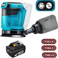 Ponceuse orbitale électrique sans fil 125 mm, sans balais, 6 vitesses, sac à poussière à fixation rapide et 12 disques abrasifs, avec batterie 5,5 A (sans chargeur), compatible avec batterie Makita