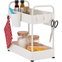 Relaxdays Rangement sous évier, 2 niveaux, 6 crochets & 2 pots, hauteur réglable, organiseur pour la cuisine, blanc