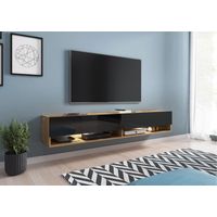 Mueble de TV Lowboard A 180 cm, mueble de televisión sin iluminación LED, dos estanterías, color wotan negro brillo