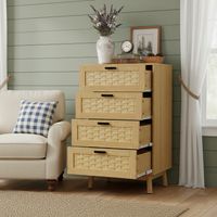 Commode en bois, avec 4 tiroirs en rotin, 4 pieds et poignées métalliques noirs, style vintage rustique – Meuble pour salon, 55x40x95 cm, couleur chêne