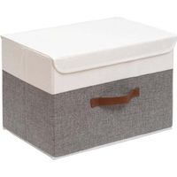 Contenitore portaoggetti pieghevole, cestino organizer a cubo, scatola in tessuto con coperchio, lavabile e manico in pelle, per casa, armadio, bianco/grigio, 33 x 23 x 20 cm, confezione da 1