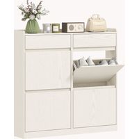 Zapatero Estrecho con 2 Cajones 4 Compartimentos Abatibles y Encimera 98x19,2x95,3 cm Blanco Veteado