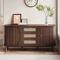 Kommode 140 cm, rechteckig, mit 3 Rattan-Schubladen, 2 Aufbewahrungstüren, Massivholzbeinen, Vintage, Wohnzimmermöbel aus Holz – Braun