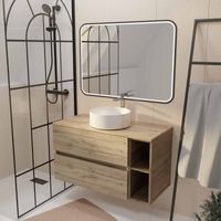 Mobile da bagno 100 cm TIMBER Effetto Rovere 2 Cassetti Lavabo Bianco Specchio LED 100x70