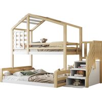 Etagenbett 90 x 200 Cm Und 140 x 200 Cm Mit Stauraumtreppe, Fenster Und Rausfallschutz, Ohne Matratze, Aus Kiefernholz, Natur