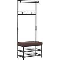 Porte-manteau vestiaire d'entrée banc intégré 2 étagères 5 patères + barre de penderie métal noir revêtement synthétique chocolat