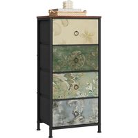 WOLTU Cómoda con 4 cajones, cómoda de tela, estructura de metal, tablero de madera E1, marrón rústico y negro con estampado de flores retro