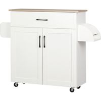 Carrito auxiliar cocina 1 cajón 2 puertas especiero barra colgar ruedas blanco 105x36x85 cm
