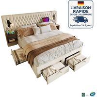 MODFU - Cama adulto 160x200cm con 2 mesitas de noche, 4 cajones, 2 lámparas de lectura, USB+Tipo C, cama doble tapizada, sin colchón, terciopelo, beige