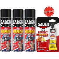 Lot de 3 colles néoprène pulvérisables 200ml – Prise rapide en 10s – Colle transparente pour surfaces verticales – OFFERT 1 colle contact 55ml – Sader