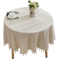 Nappe Beige Ronde en Lin & Coton Couverture de Table Anti-Tache Lavable avec Glands pour Anniversaire, Mariage, Salle à Manger, Table Basse - 120cm