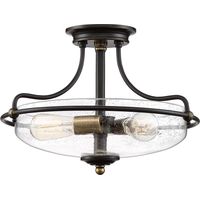 Lampada a Soffitto 2 Luci Kalf In Acciaio Nero A Bracci E Sfere In Vetro Opalino E Oro