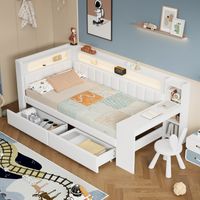 Cama Nido 90×200 cm, Cama Individual con USB, LED Regulable y Escritorio, 2 Cajones, sin Colchón, Blanco