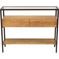 Console en bois clair manguier massif et plateau en verre 2 tiroirs L100 cm SITA