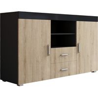 Muebles Bonitos – Buffet bas 2 portes 2 tiroirs 140x82x40cm – Finition mélamine brillante et mate – Poignées en aluminium – Meuble de rangement moderne