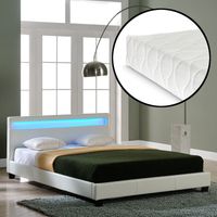 Lit capitonné à LED Corium (Paris) avec matelas (180x200cm)(blanc)(mousse froide) - avec cuir synthétique / housse en cuir synthétique / éclairage RVB / avec sommier à lattes /