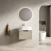 Meuble vasque suspendu 60 cm, vasque ovale plan travertin chêne crème