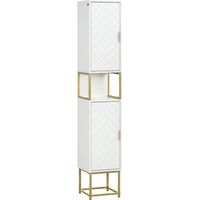 Colonna Bagno con 2 Armadietti e Ripiano in MDF e Acciaio, 30x30x170.7cm, Bianco e Oro