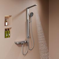 HOROW Set de ducha tipo lluvia, gris, con grifo termostático, 4 modos de masaje, plegable, regulable en altura, se puede utilizar con la bañera