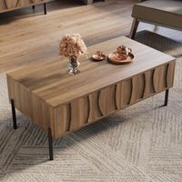 Tavolino da salotto fisso con 2 cassetti motivo onda in legno e piedi in metallo - 105 x 55 x 41 cm - stile naturale rétro