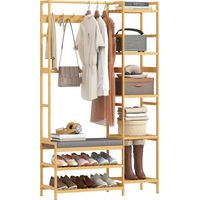 Clothes rack with shoe shelf, clothes hooks, coat rack, bench with cushion, for hallway, entrance area, natural wood