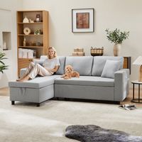 Divano letto angolare 3 in 1 a L, estensibile, 3 posti, tessuto in lino, divano letto per soggiorno con funzione letto, spazio di archiviazione, grigio chiaro