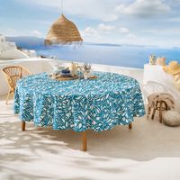 Nappe ronde en coton enduit feuillage abstrait Bleu 170x170 cm