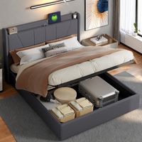 Lit coffre 140 x 200 cm, lit 140x200 avec sommier, lit adulte avec port USB, cadre de lit, avec tete de lit, Gris foncé, matière lin