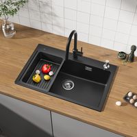Cecipa Evier de Cuisine 70x45 cm Noir avec Panier de Vidange et Distributeur de Savon, Evier 1 Bac en Quartz et Résine Grande Capacité