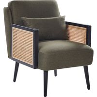 Sillón tradicional de poliéster estructura negra de madera con ratán trenzado patas de madera tapones de plástico con cojín verde Orum