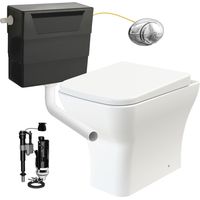 Square Rimless Back to Wall Toilet Pan with Soft Close Seat & Concealed Cistern Chrome Push Button