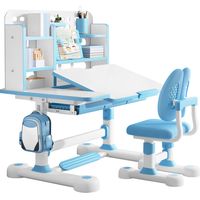 WILITTO Set Bureau et Chaise d'Étude Enfant Bleu - Hauteur Réglable, Plateau Inclinable, Ergonomique avec Rangement